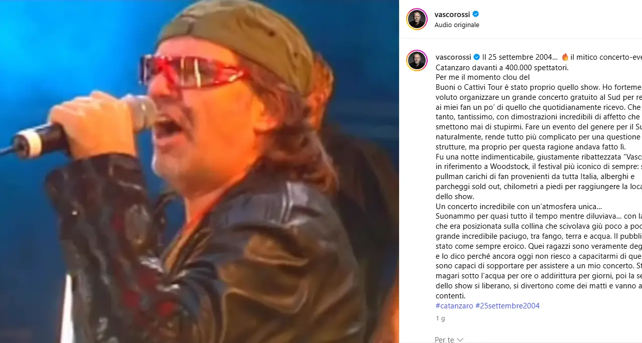 Vascstock, 21 anni dopo: Vasco Rossi ricorda la notte da 400mila fan a Catanzaro\n