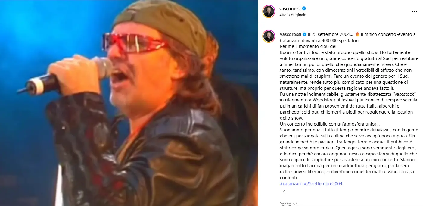Vascstock, 21 anni dopo: Vasco Rossi ricorda la notte da 400mila fan a Catanzaro\n