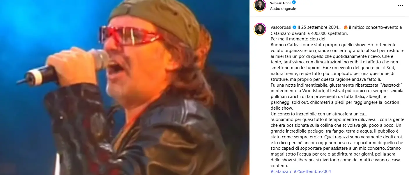 Vascstock, 21 anni dopo: Vasco Rossi ricorda la notte da 400mila fan a Catanzaro\n