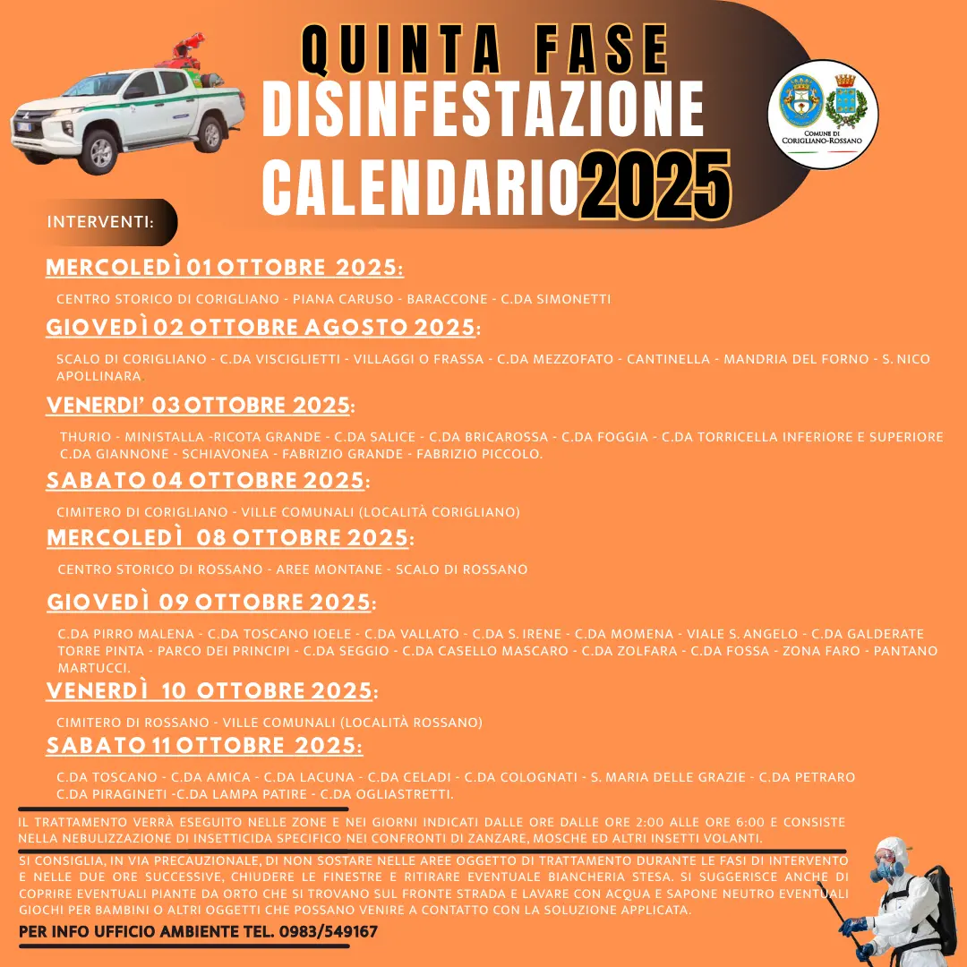 Disinfestazione notturna a Corigliano Rossano: calendario e precauzioni\n
