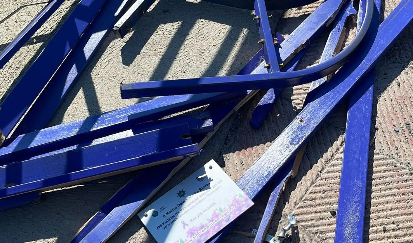 Siderno, distrutta e buttata sulla spiaggia la panchina viola contro la fibromialgia
