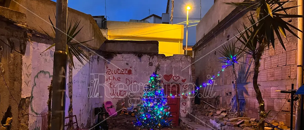Rione G a Reggio, dopo la pulizia i residenti accendono un albero di Natale in una baracca