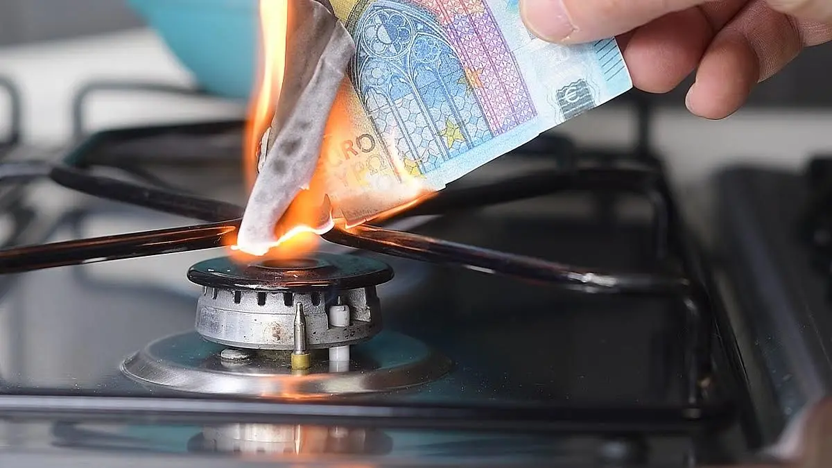 Gas price increase concept: 20 euro banknote burnt on a lit stove