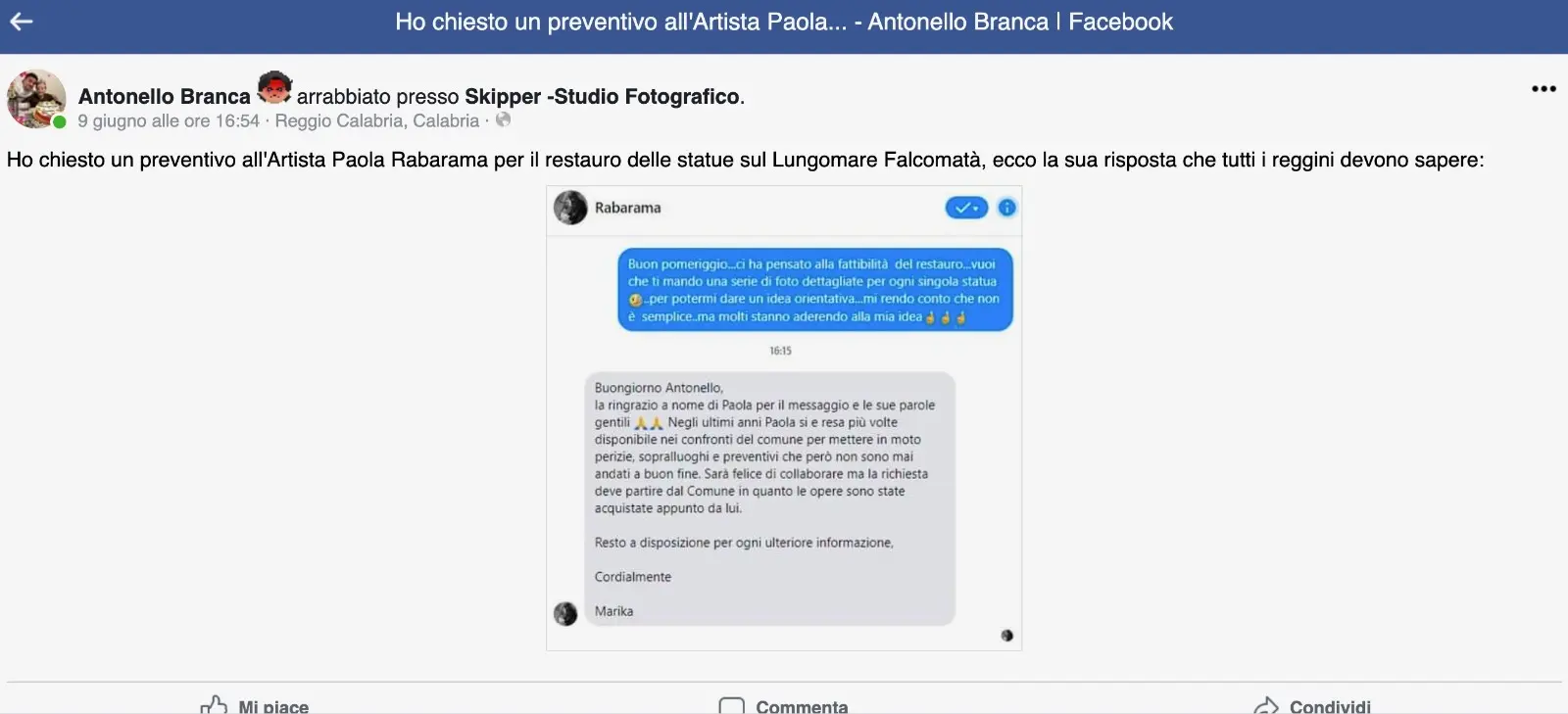 Statue di Rabarama a Reggio, i cittadini chiedono all’artista un preventivo per il restauro