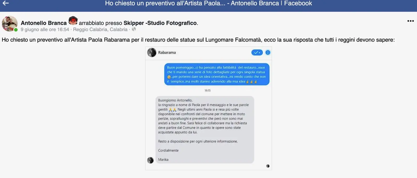 Statue di Rabarama a Reggio, i cittadini chiedono all’artista un preventivo per il restauro