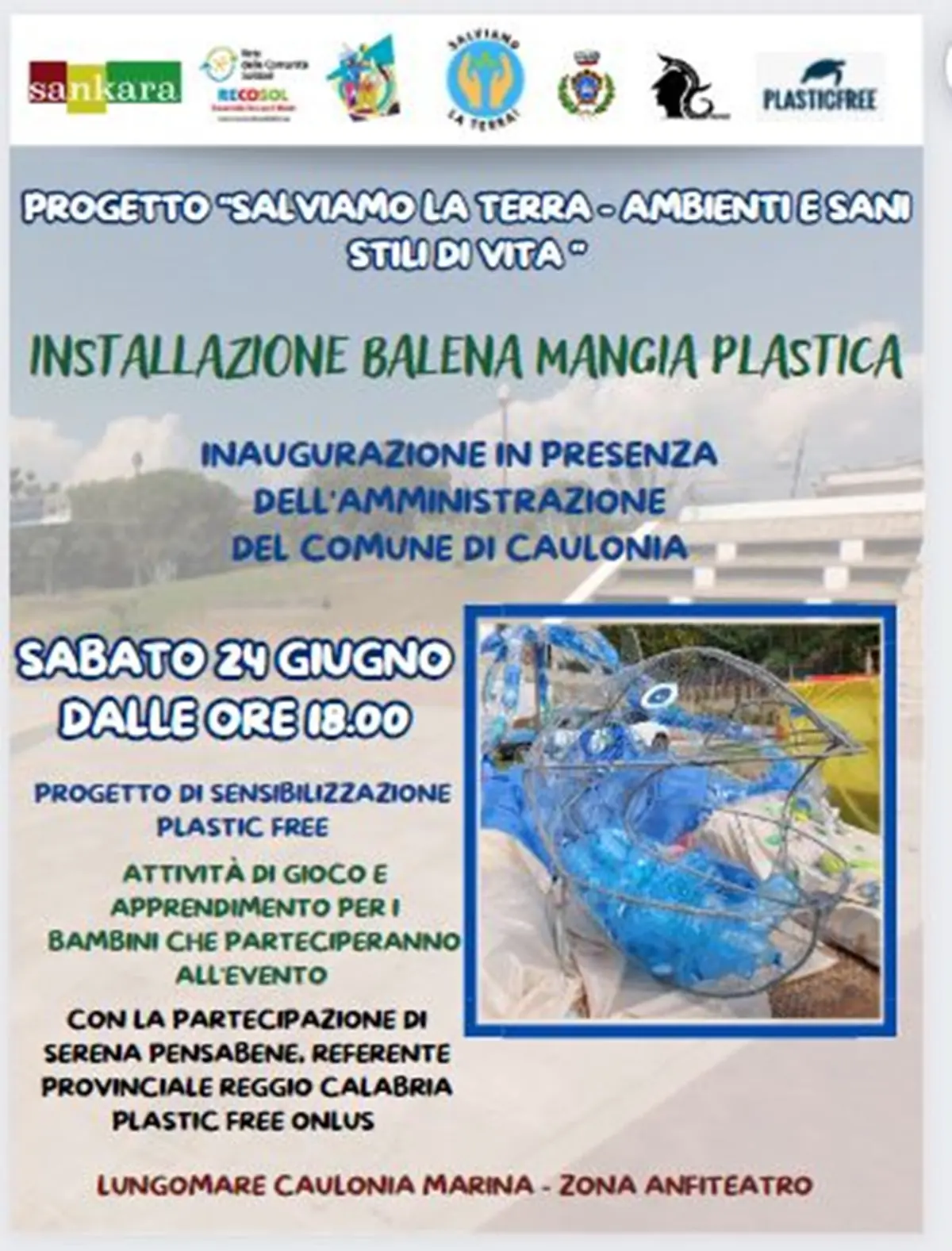 Sensibilizzazione ambientale, a Caulonia la \"Balena mangia plastica\" realizzata dai bambini donata al Comune