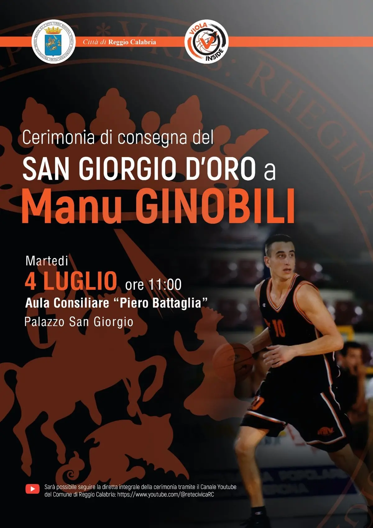 Reggio, a Palazzo San Giorgio la cerimonia di consegna del San Giorgio d'Oro a Manu Ginobili