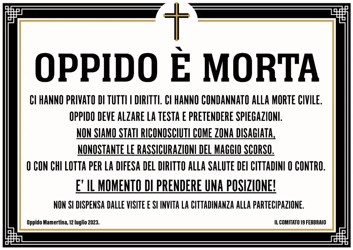 Sanità, “Oppido è morta”: un manifesto condanna il mancato riconoscimento di zona disagiata