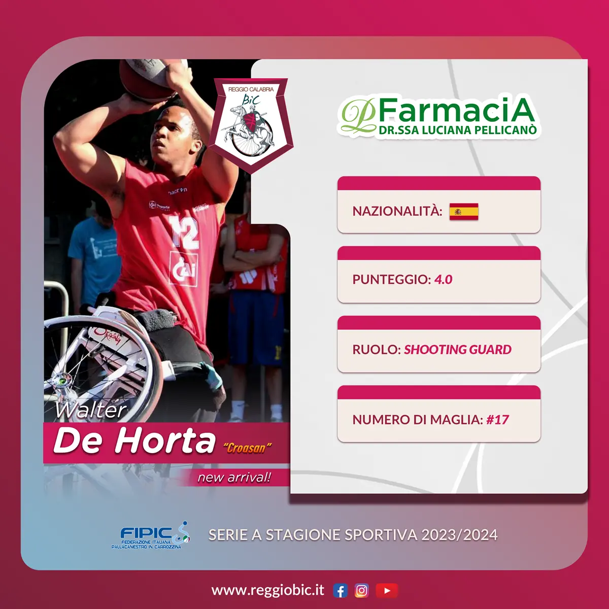 Basket in carrozzina, alla Reggio Bic arriva Walter De Horta