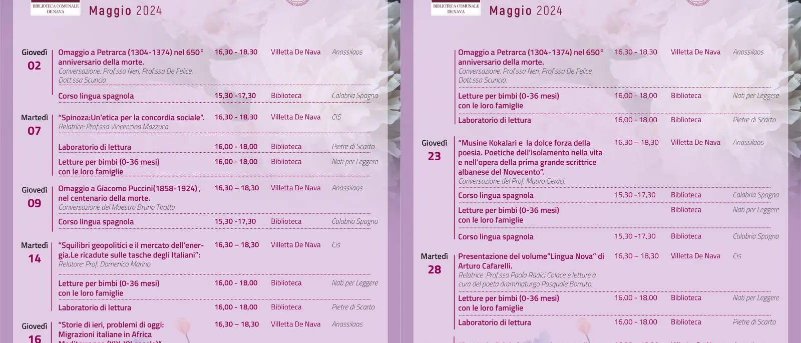 Poesia, letteratura, geopolitica e tutela degli ultimi: a maggio un ricco calendario di eventi per la Biblioteca comunale “De Nava”