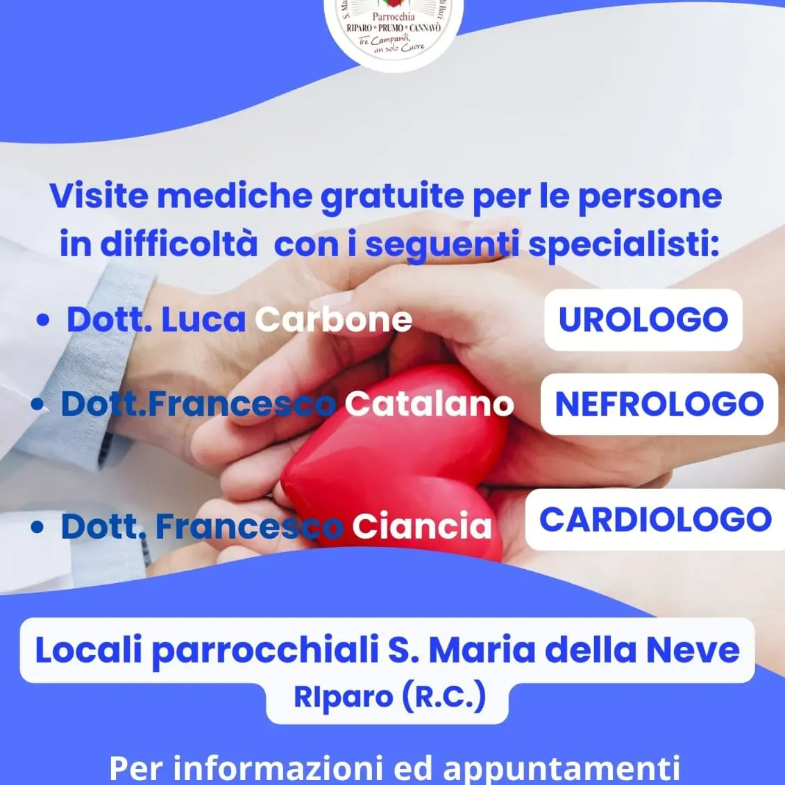 Ripartono le visite mediche specialistiche gratuite per le persone in difficoltà presso le parrocchie di Prumo-Riparo-Cannavò