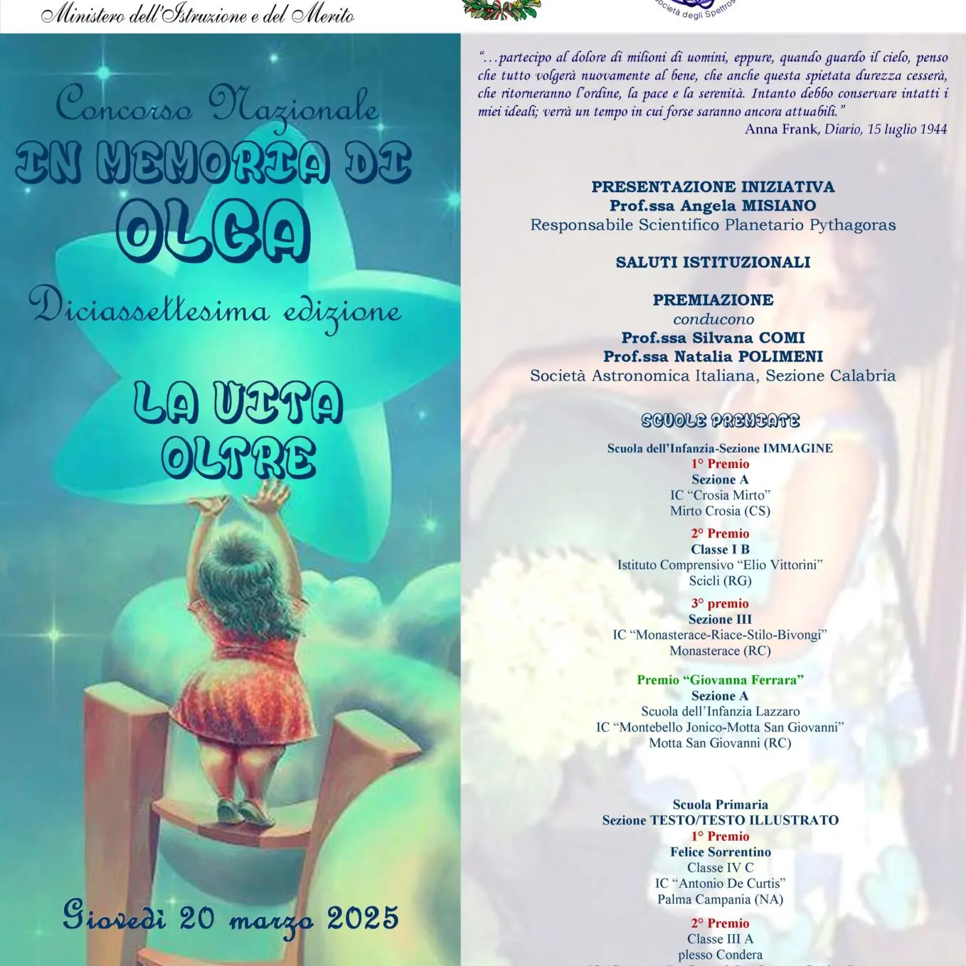 Reggio, cerimonia di premiazione della XVII edizione del concorso nazionale \"In memoria di Olga: la vita oltre\"
