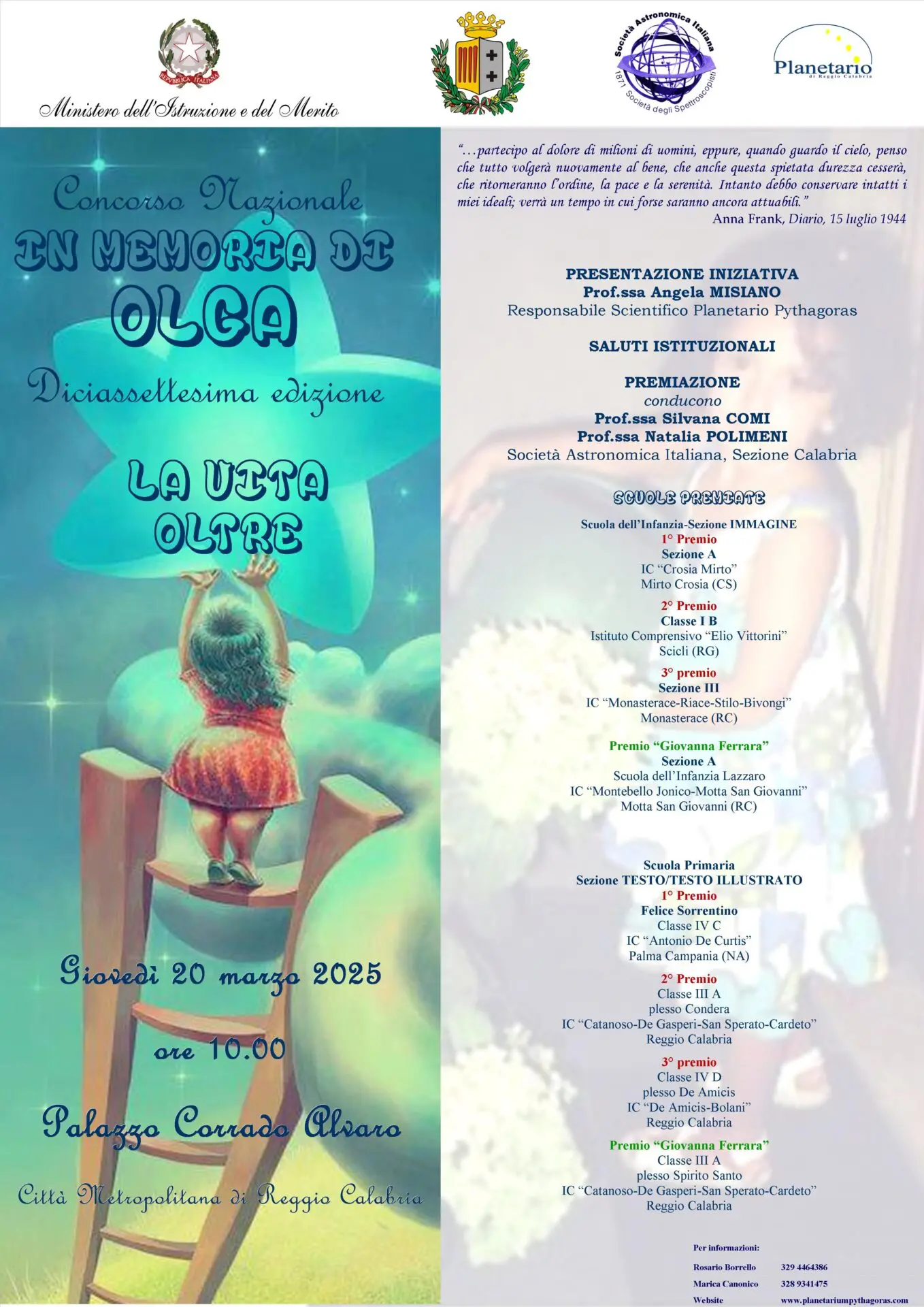 Reggio, cerimonia di premiazione della XVII edizione del concorso nazionale \"In memoria di Olga: la vita oltre\"