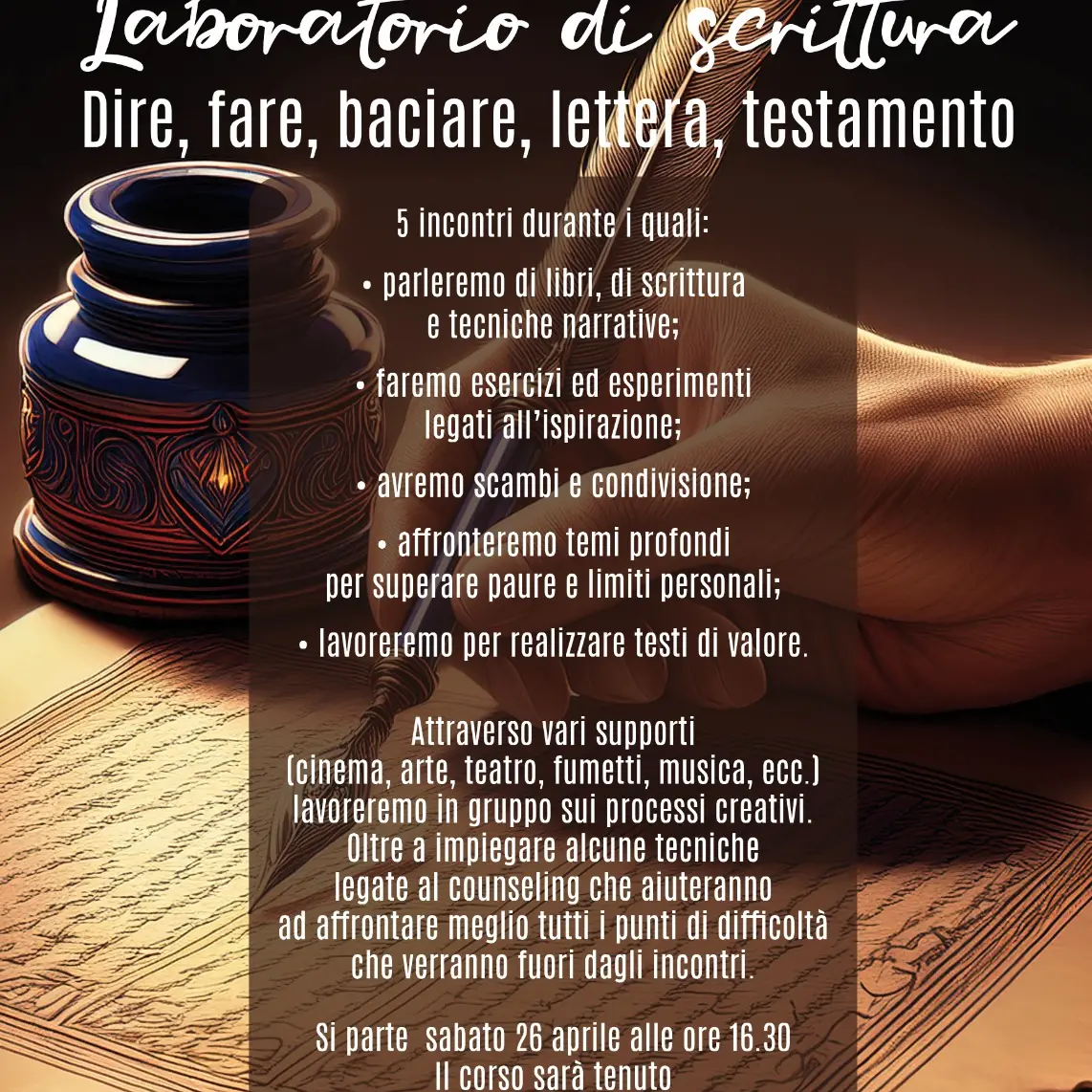 Reggio, laboratorio di scrittura e tecniche narrative dal titolo \"Dire, fare, baciare, lettera testamento\"