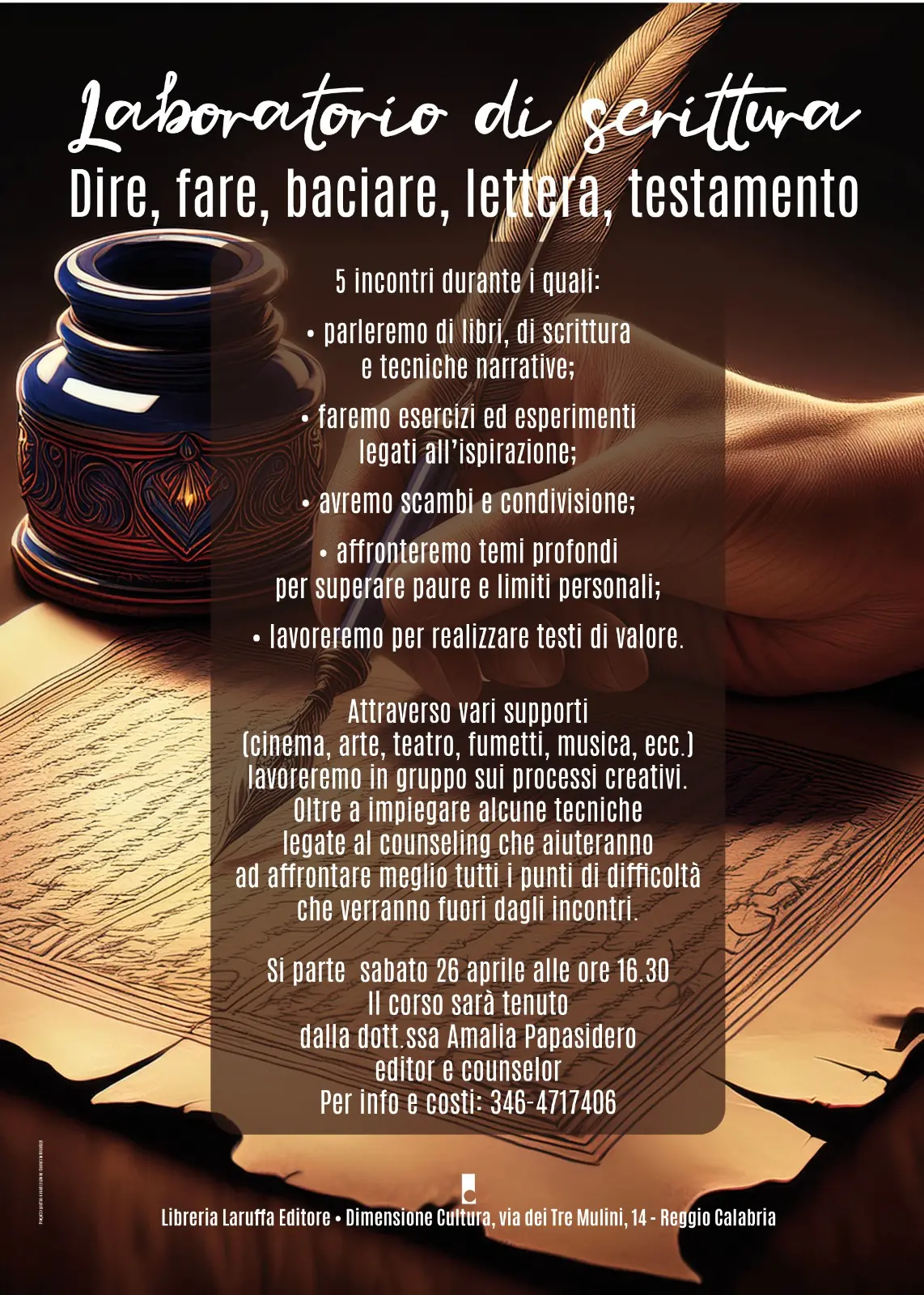 Reggio, laboratorio di scrittura e tecniche narrative dal titolo \"Dire, fare, baciare, lettera testamento\"