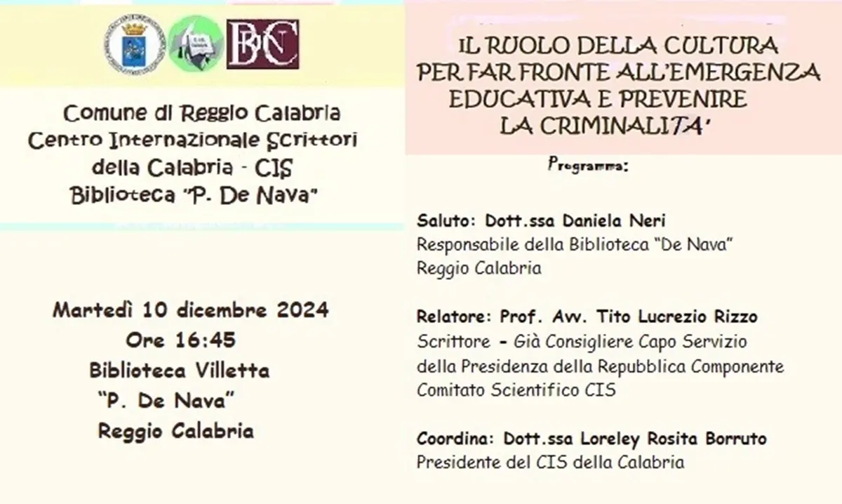 Reggio, domani l'incontro sul ruolo della cultura per far fronte all’emergenza educativa e prevedere la criminalità