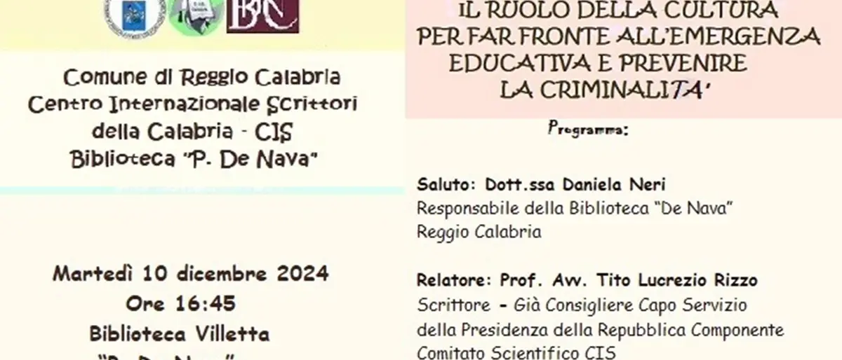 Reggio, domani l'incontro sul ruolo della cultura per far fronte all’emergenza educativa e prevedere la criminalità