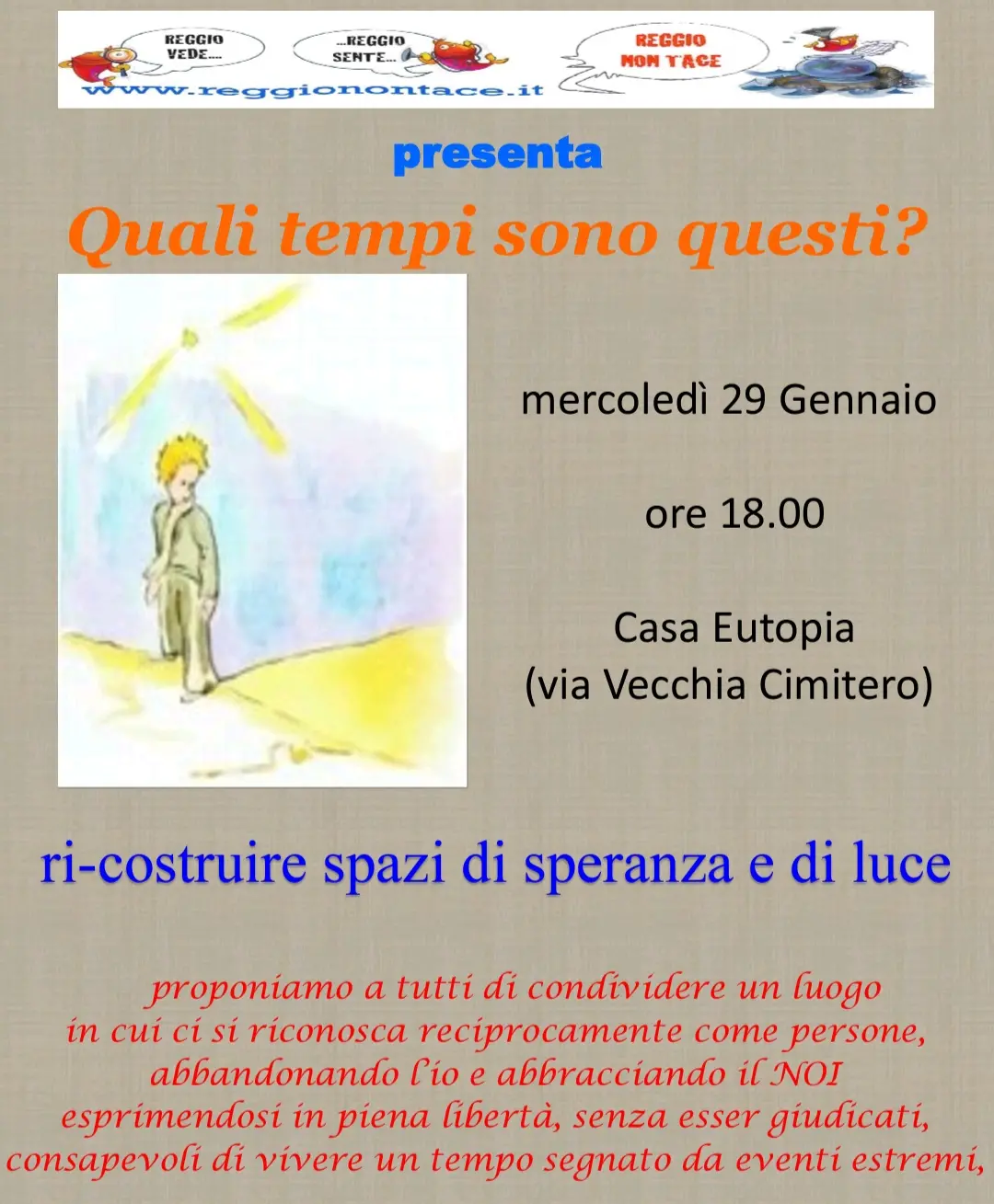 Il Movimento ReggioNonTace organizza l'incontro \"Quali tempi sono questi?\"