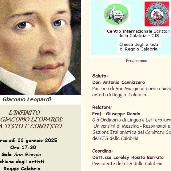 Reggio, il CIS promuove l'incontro \"L’Infinito di Giacomo Leopardi, tra testo e contesto\"
