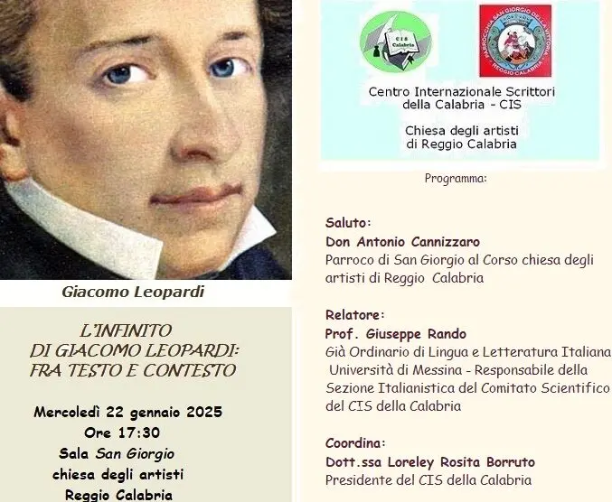 Reggio, il CIS promuove l'incontro \"L’Infinito di Giacomo Leopardi, tra testo e contesto\"