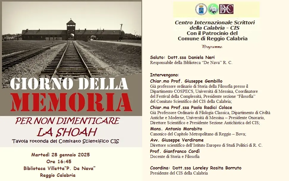 Reggio, il Cis della Calabria promuove la tavola rotonda: \"Giorno della memoria 2025, per non dimenticare la Shoah\"