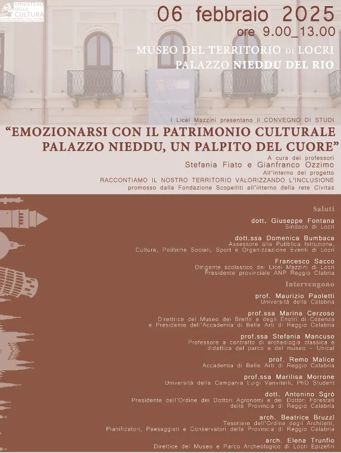 A Locri il convegno “Emozionarsi con il patrimonio culturale. Palazzo Nieddu, un palpito del cuore\"
