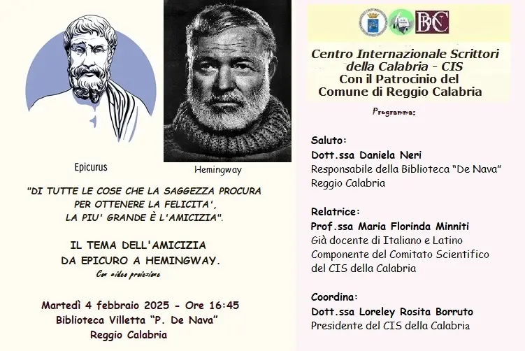 Reggio, il Cis della Calabria promuove l'incontro \"Il tema dell’amicizia da Epicuro a Hemingway”
