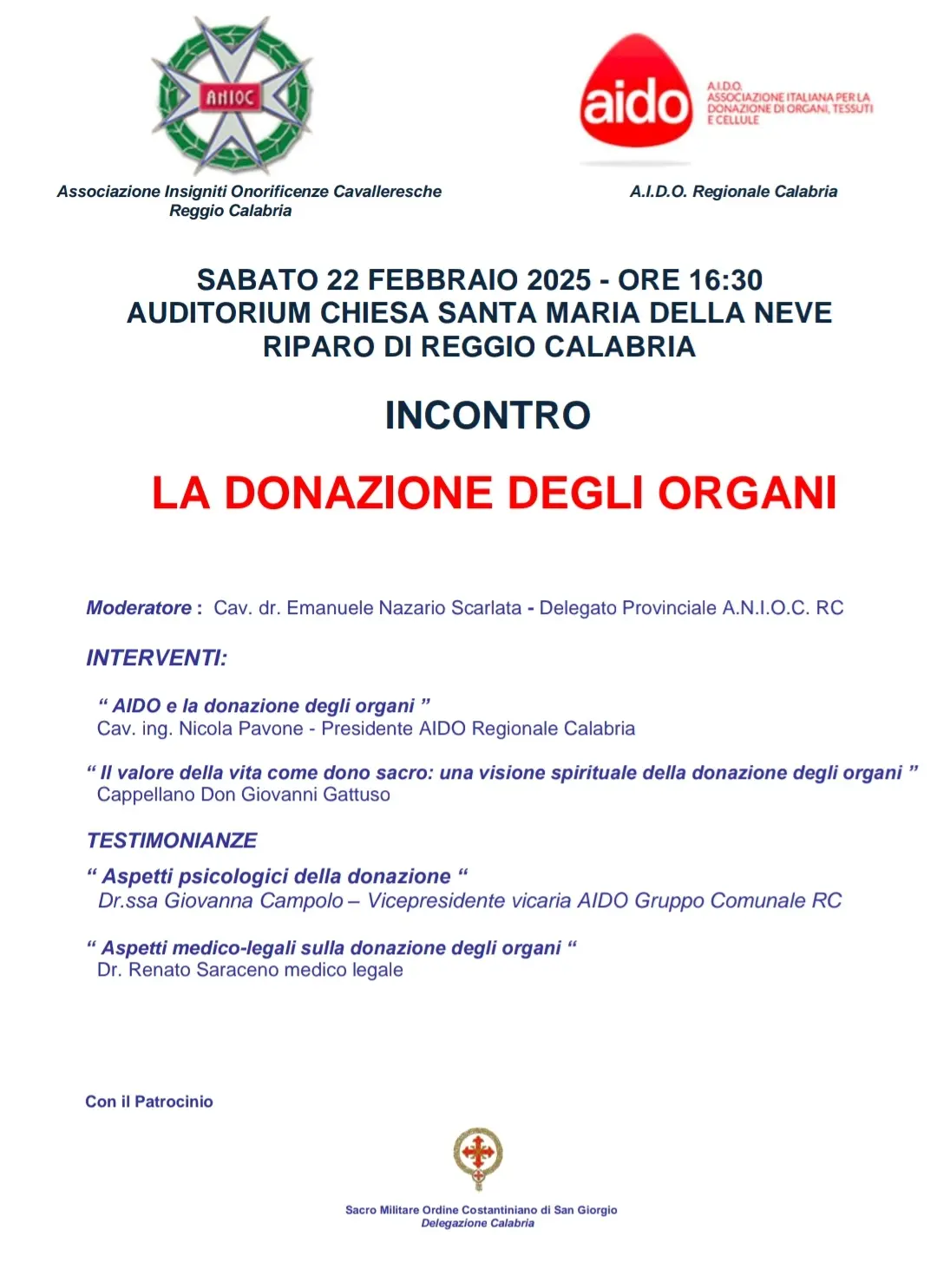Reggio, il 22 febbraio l'incontro dal tema \"La donazione degli organi\"