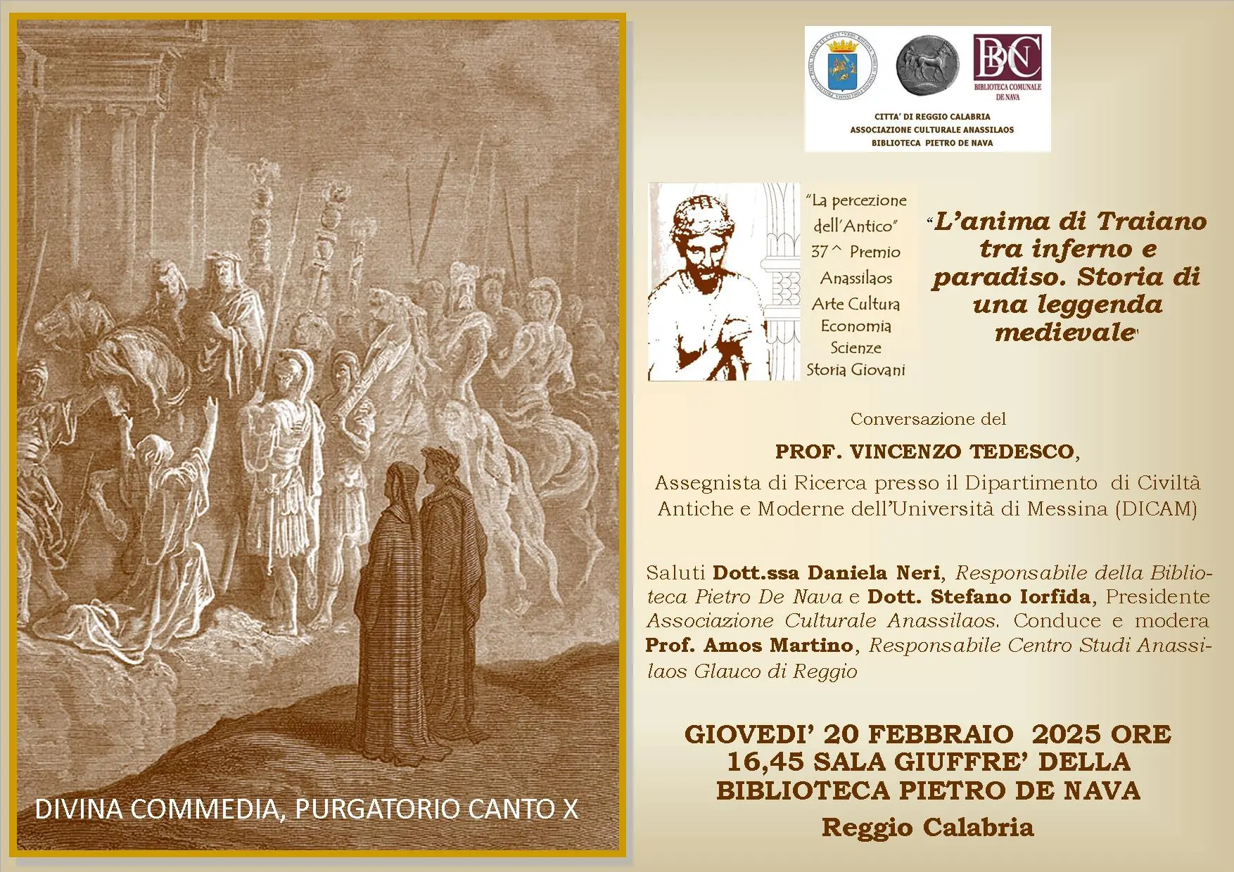 Reggio, l'Anassilaos promuove l'incontro “L’anima di Traiano tra inferno e paradiso. Storia di una leggenda medievale\"
