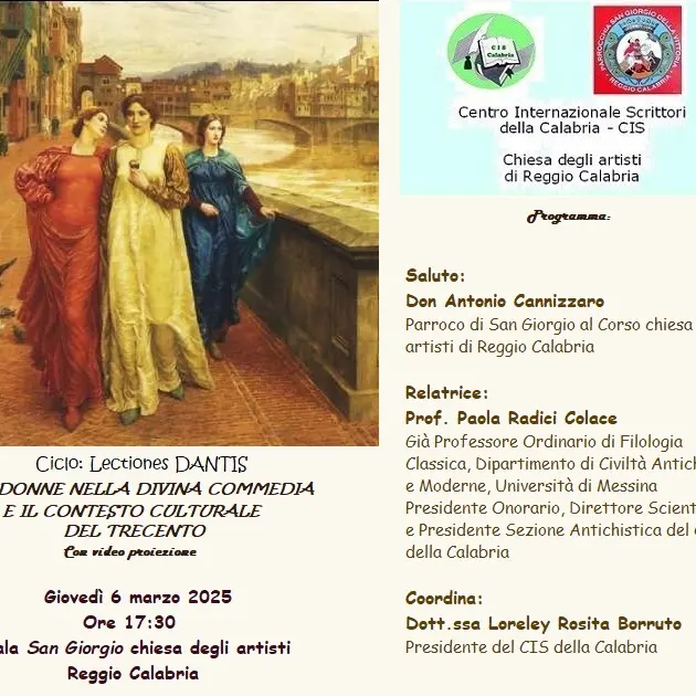 Reggio, il Cis della Calabria promuove l'incontro “Le donne nella Divina Commedia e il contesto culturale del Trecento”