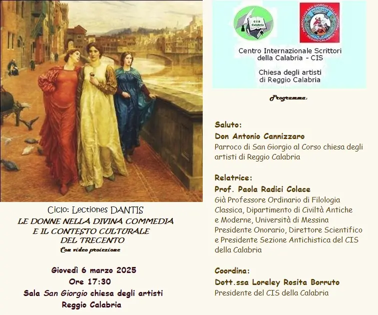 Reggio, il Cis della Calabria promuove l'incontro “Le donne nella Divina Commedia e il contesto culturale del Trecento”