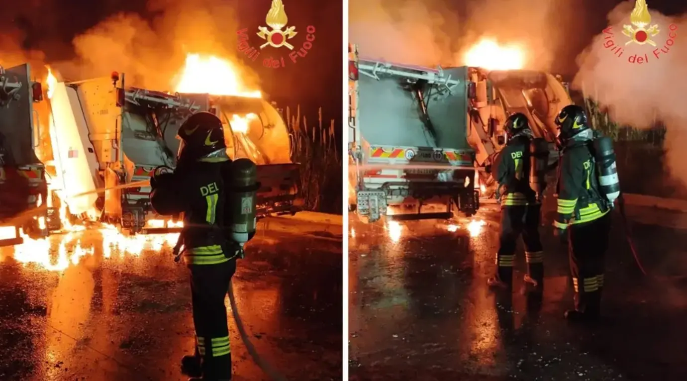 Tropea, incendio nel parcheggio comunale: distrutti mezzi della raccolta rifiuti e scuolabus