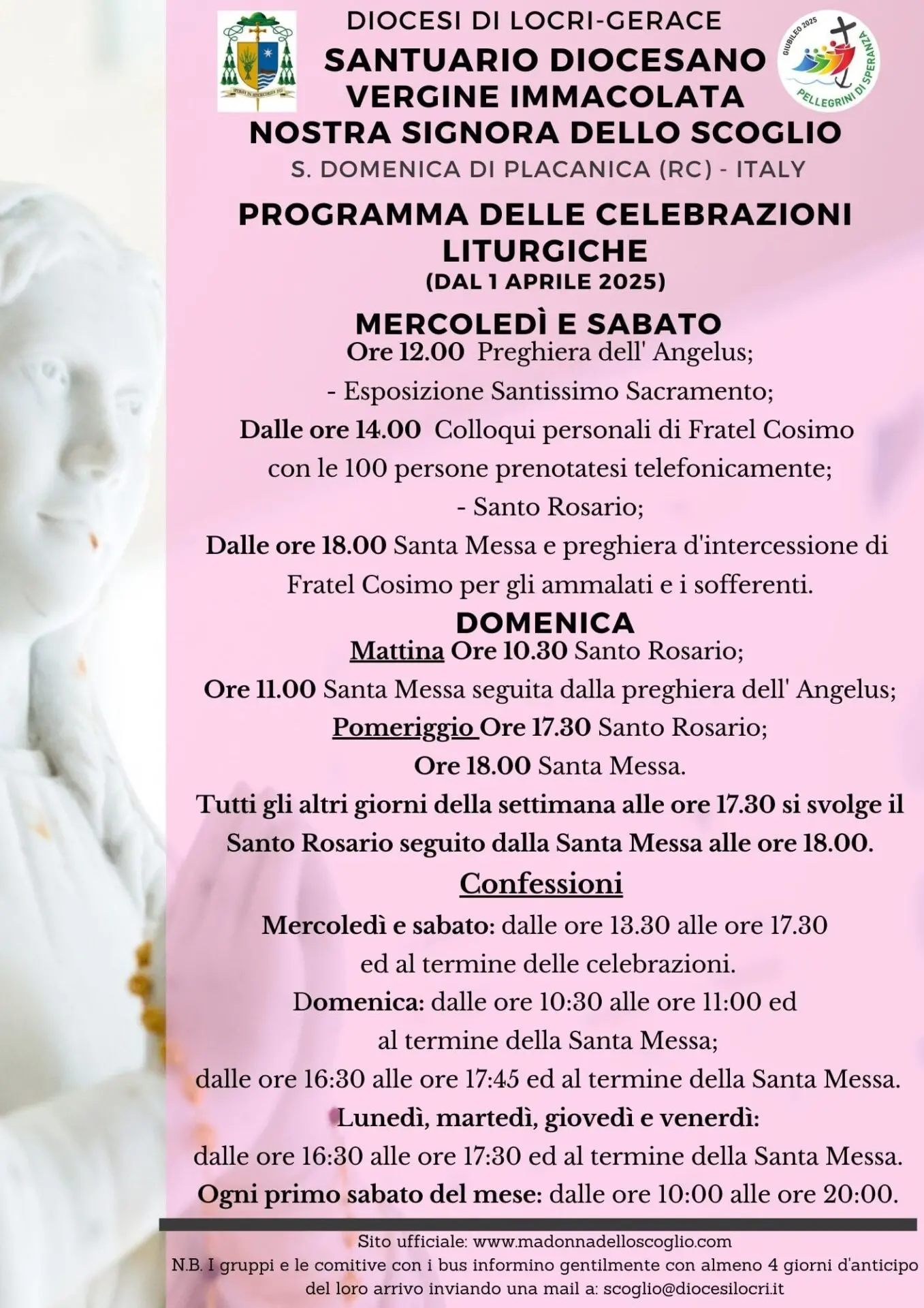 Il programma liturgico del Santuario giubilare della Vergine Immacolata Nostra Signora dello Scoglio