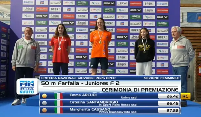 Festa grande a Reggio: Emma Arcudi è la nuova campionessa italiana dei 50 farfalla. Record ai Criteria di Riccione