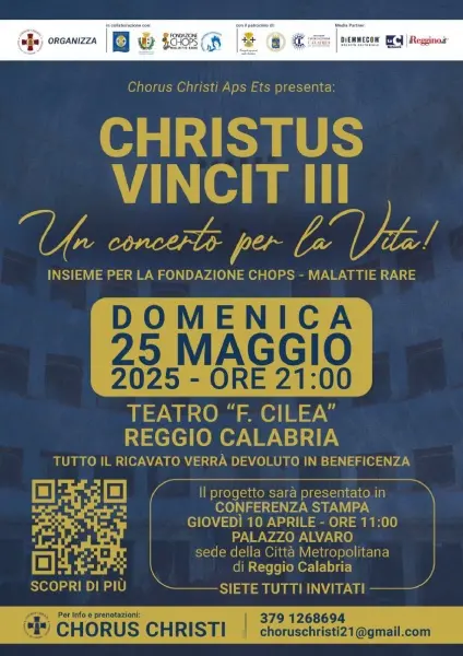 Reggio, al via “Christus Vincit - Un Concerto per la vita”, promosso dal Chorus Christi a favore della Fondazione CHOPS Malattie Rare
