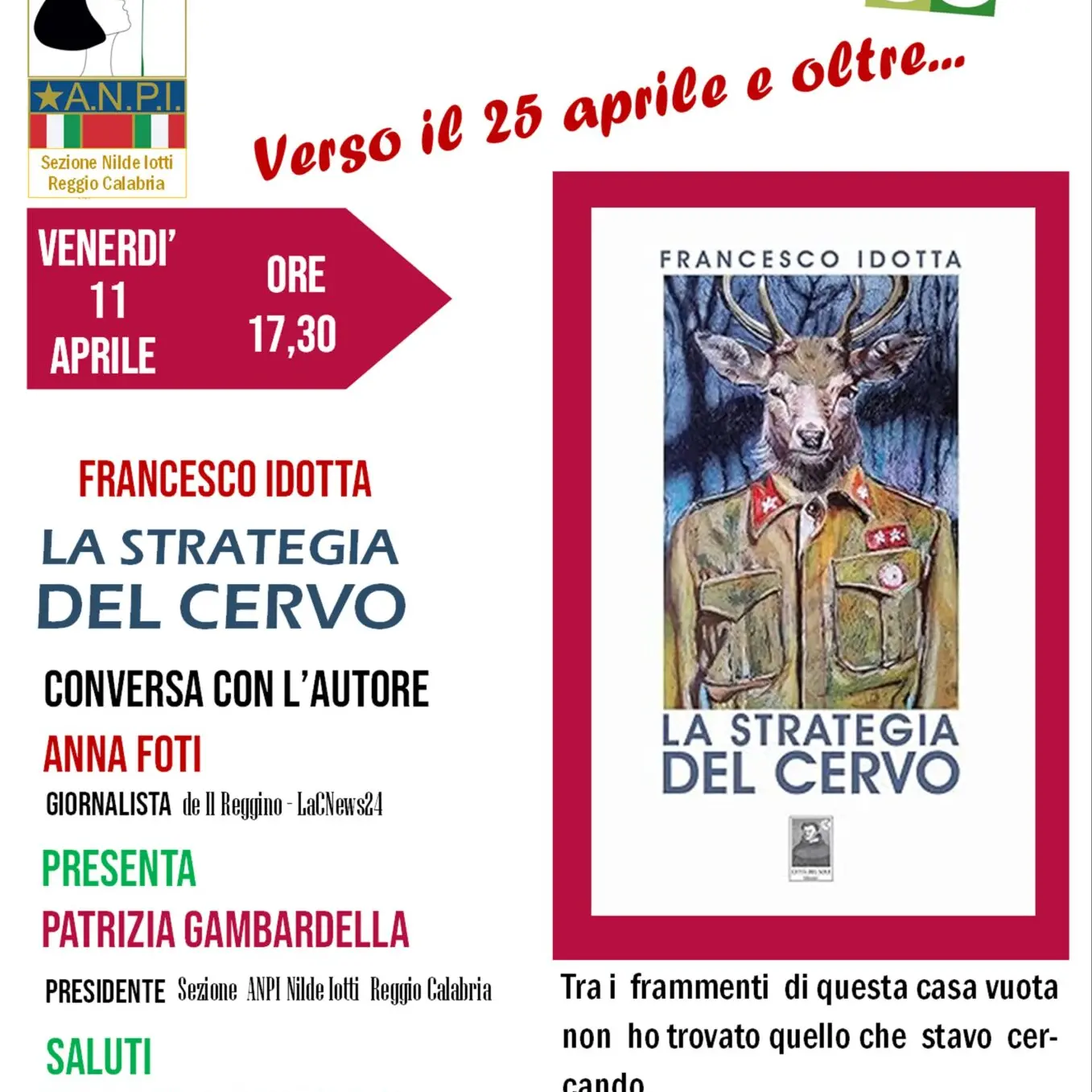 Reggio, a Spazio Open la sezione Anpi Nilde Iotti presenta il libro \"La Strategia del Cervo\"
