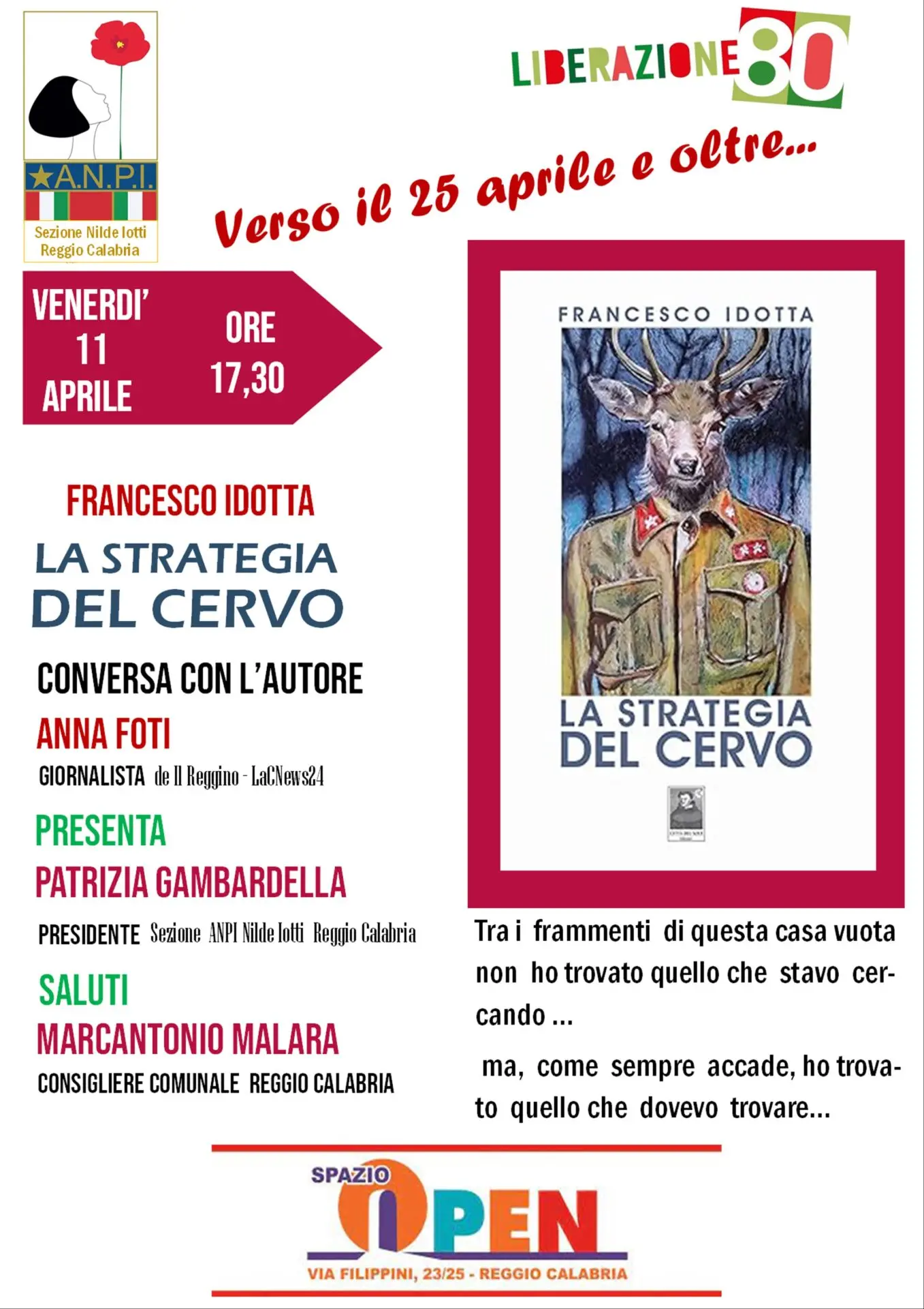 Reggio, a Spazio Open la sezione Anpi Nilde Iotti presenta il libro \"La Strategia del Cervo\"
