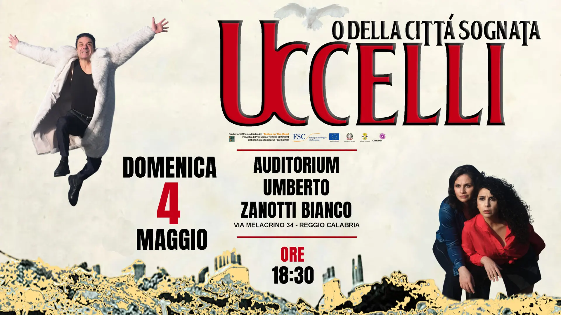 Reggio, domenica 4 maggio lo spettacolo “Uccelli o della Città Sognata”