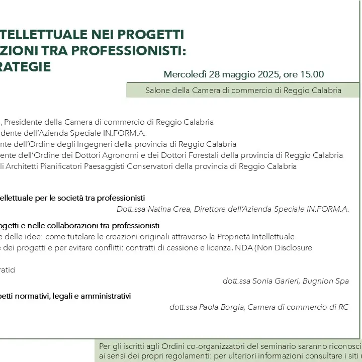 Reggio, alla Camera di Commercio il seminario sulla proprietà intellettuale nei progetti e le collaborazioni tra professionisti