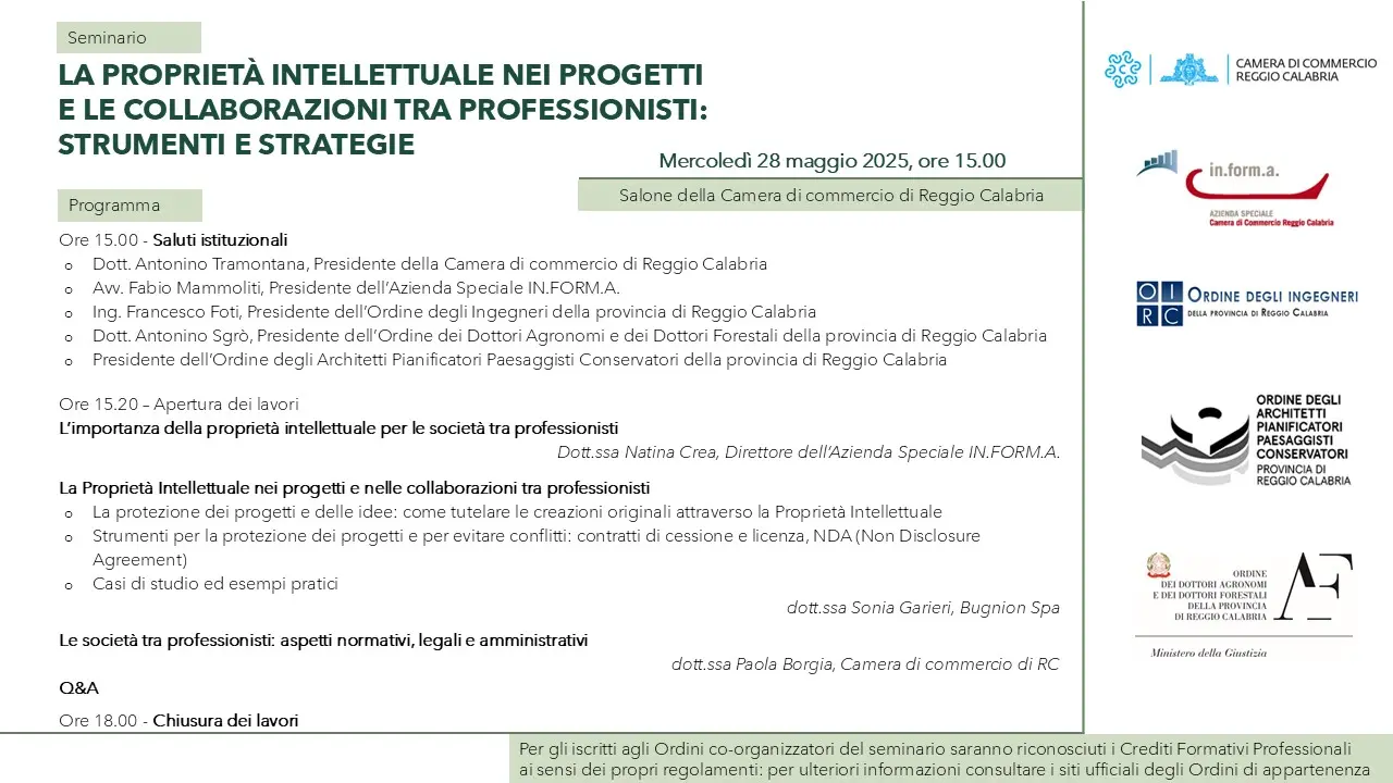 Reggio, alla Camera di Commercio il seminario sulla proprietà intellettuale nei progetti e le collaborazioni tra professionisti