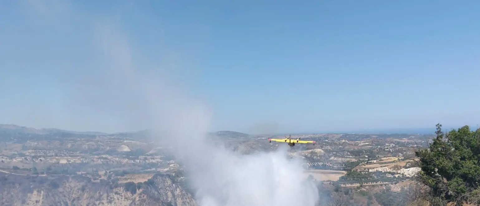 Locride, vasto incendio tra Caulonia e Roccella: in azione un Canadair