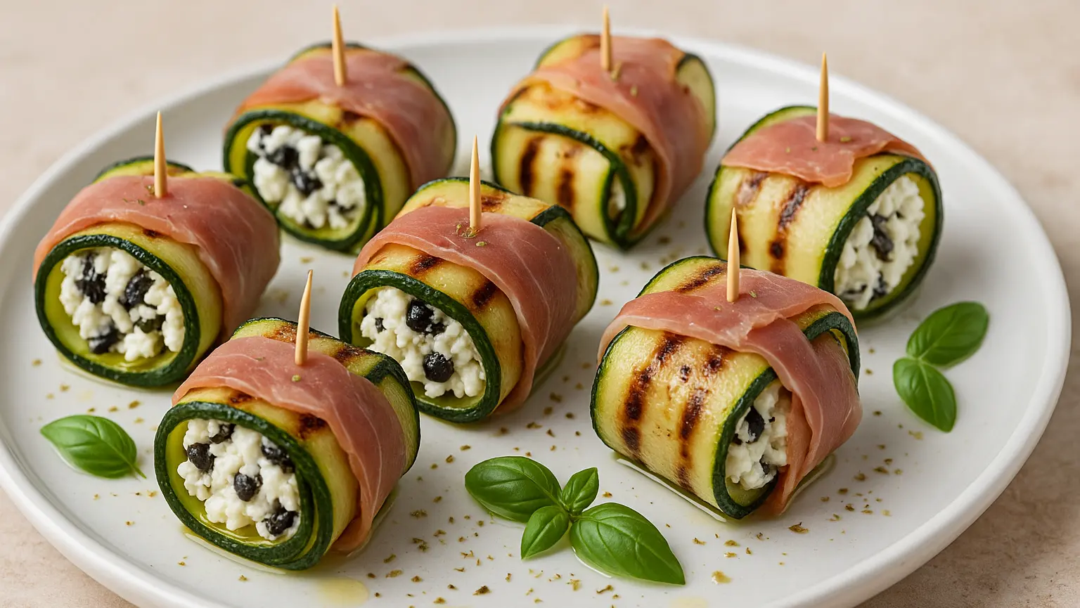 LA RICETTA DEL GIORNO | Rotolini estivi di zucchine grigliate con feta, olive e prosciutto crudo