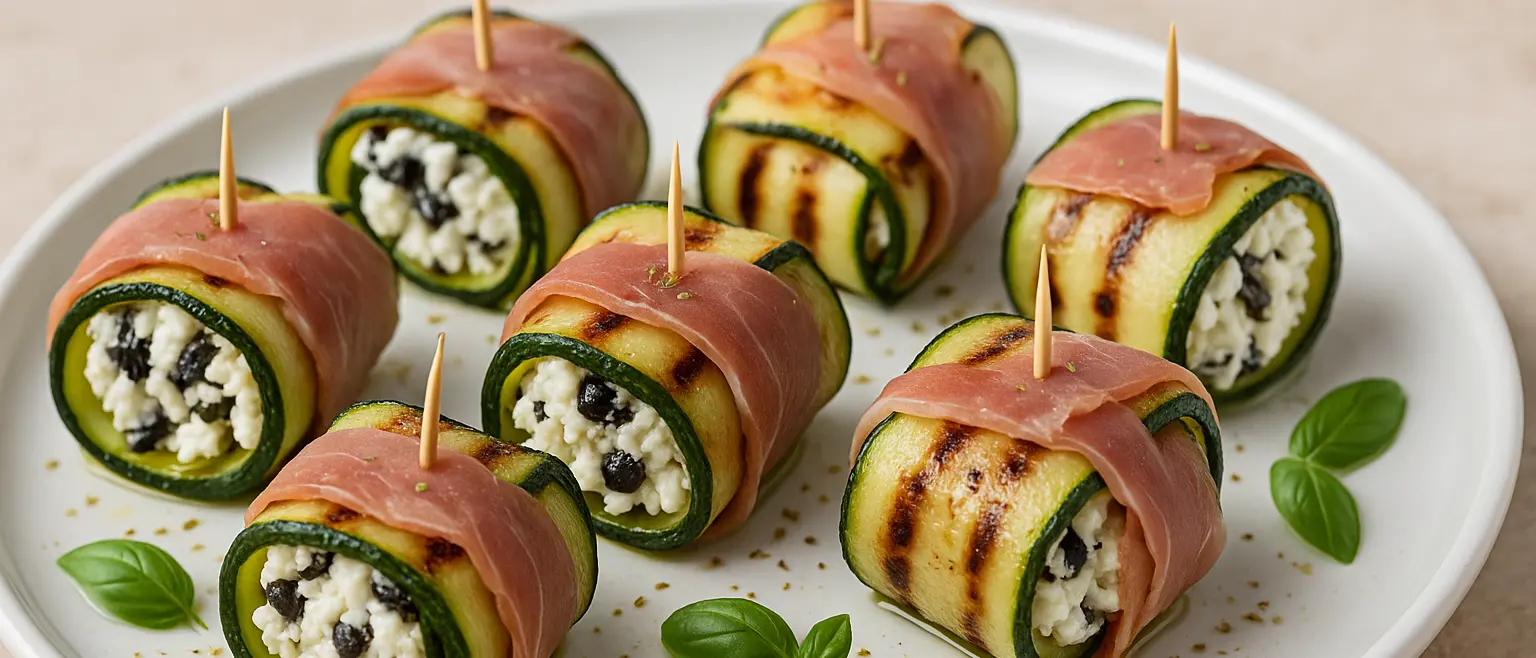 LA RICETTA DEL GIORNO | Rotolini estivi di zucchine grigliate con feta, olive e prosciutto crudo