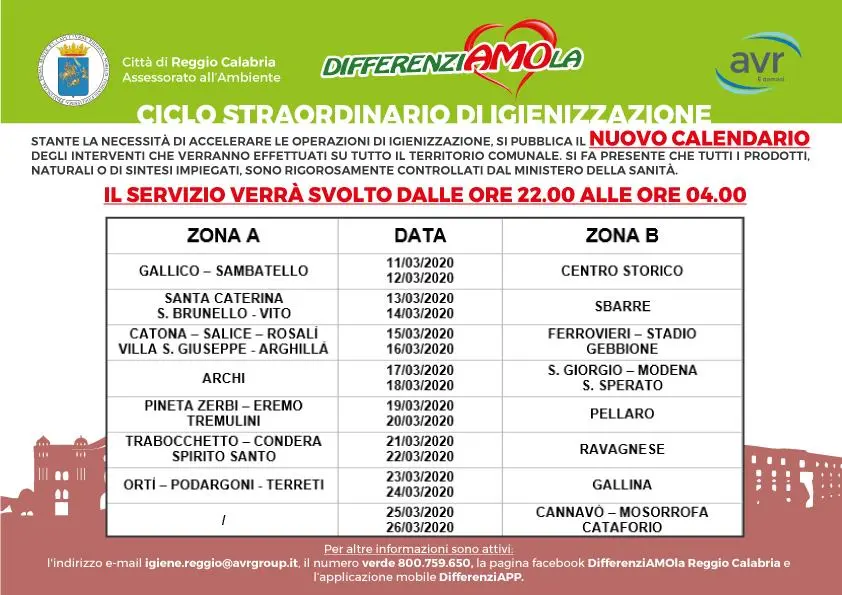 Reggio, il nuovo calendario del ciclo straordinario di igienizzazione