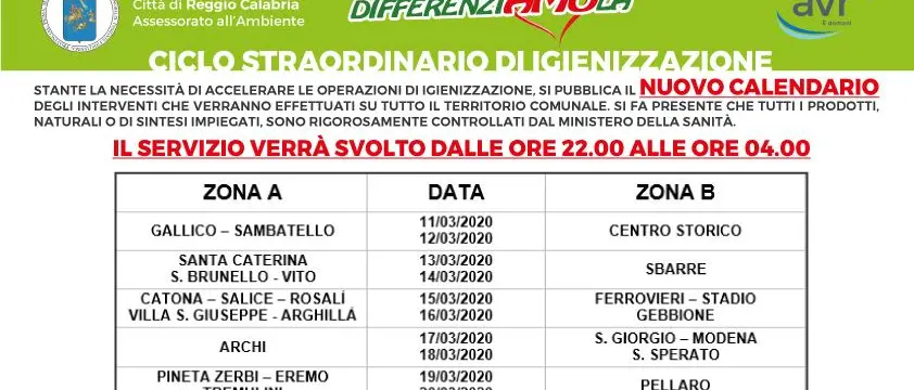Reggio, il nuovo calendario del ciclo straordinario di igienizzazione