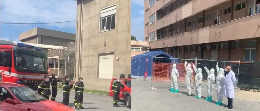 Coronavirus, l'omaggio dei vigili del fuoco al personale sanitario di Reggio Calabria