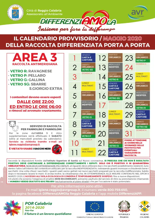 Reggio Calabria, ecco i calendari della raccolta differenziata per il mese di maggio