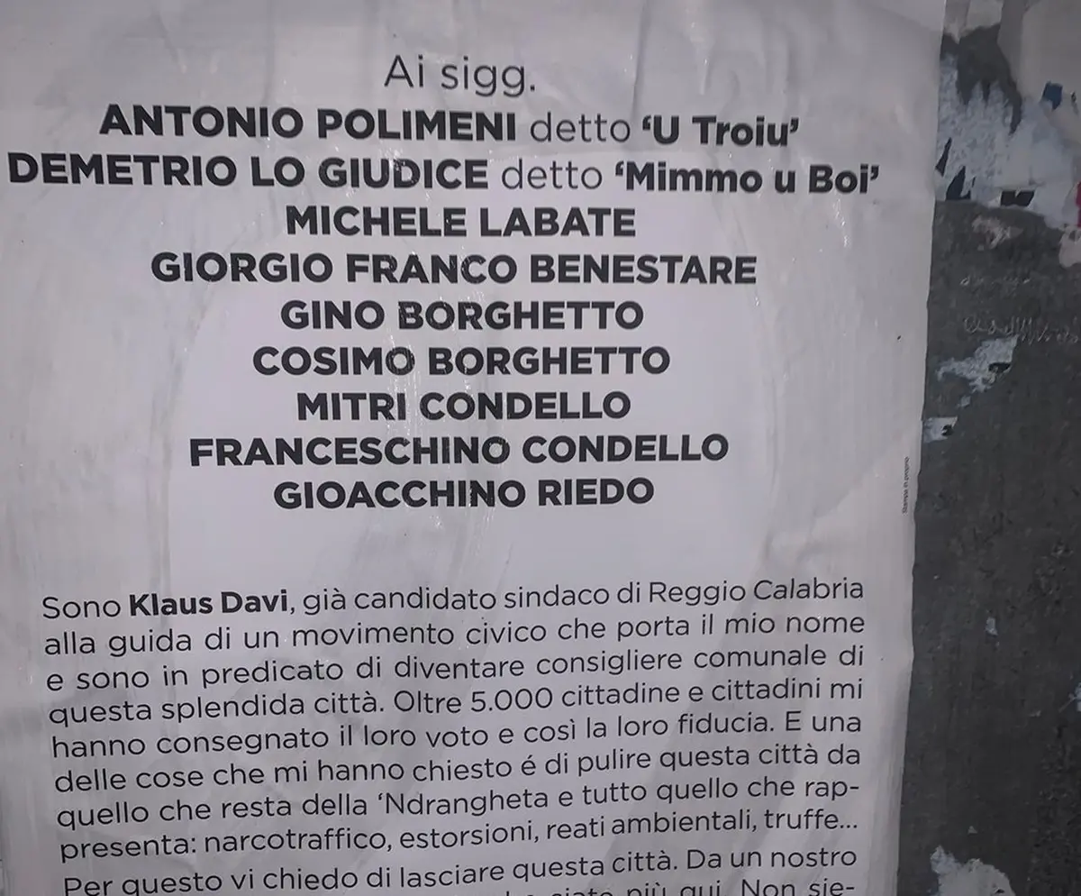 Reggio Calabria, Davi scrive ai boss di 'ndrangheta: «Via da qui, siete persone sgradite»