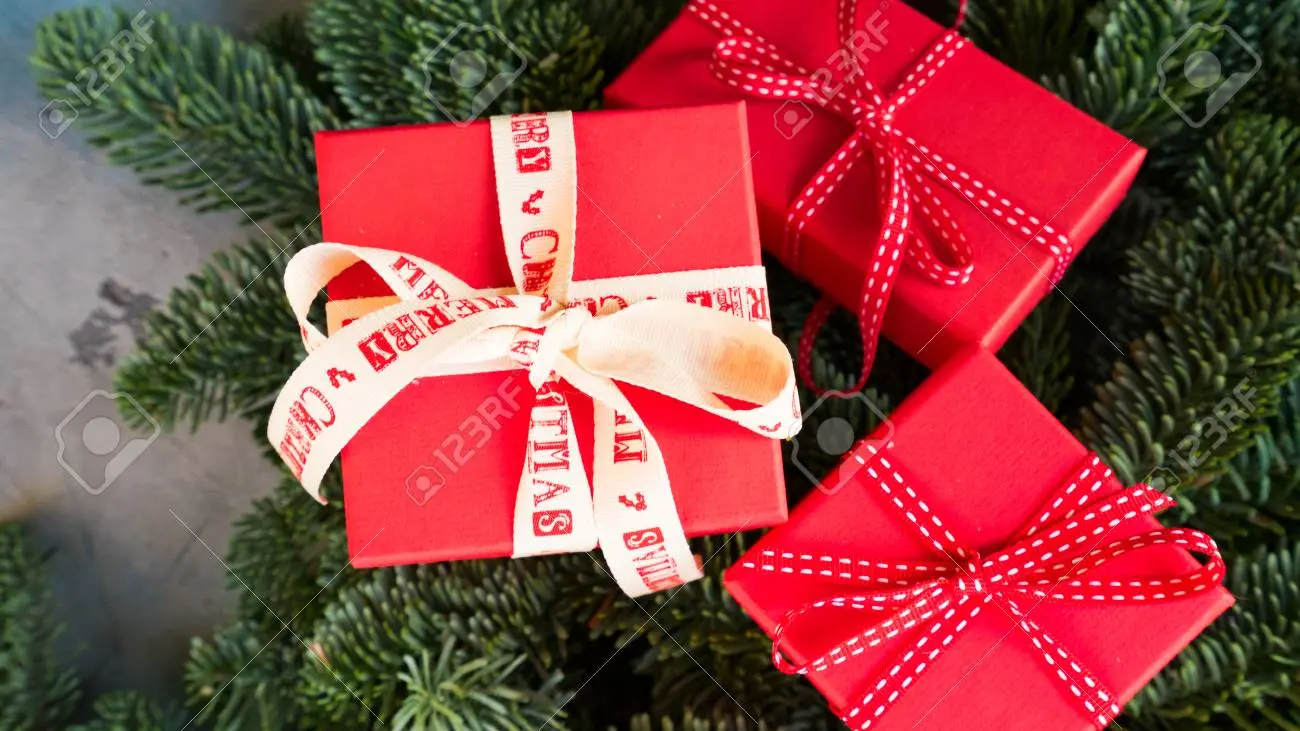 Christmas gift giving concept - christmas presents in red paper boxes on evergreen tree branches