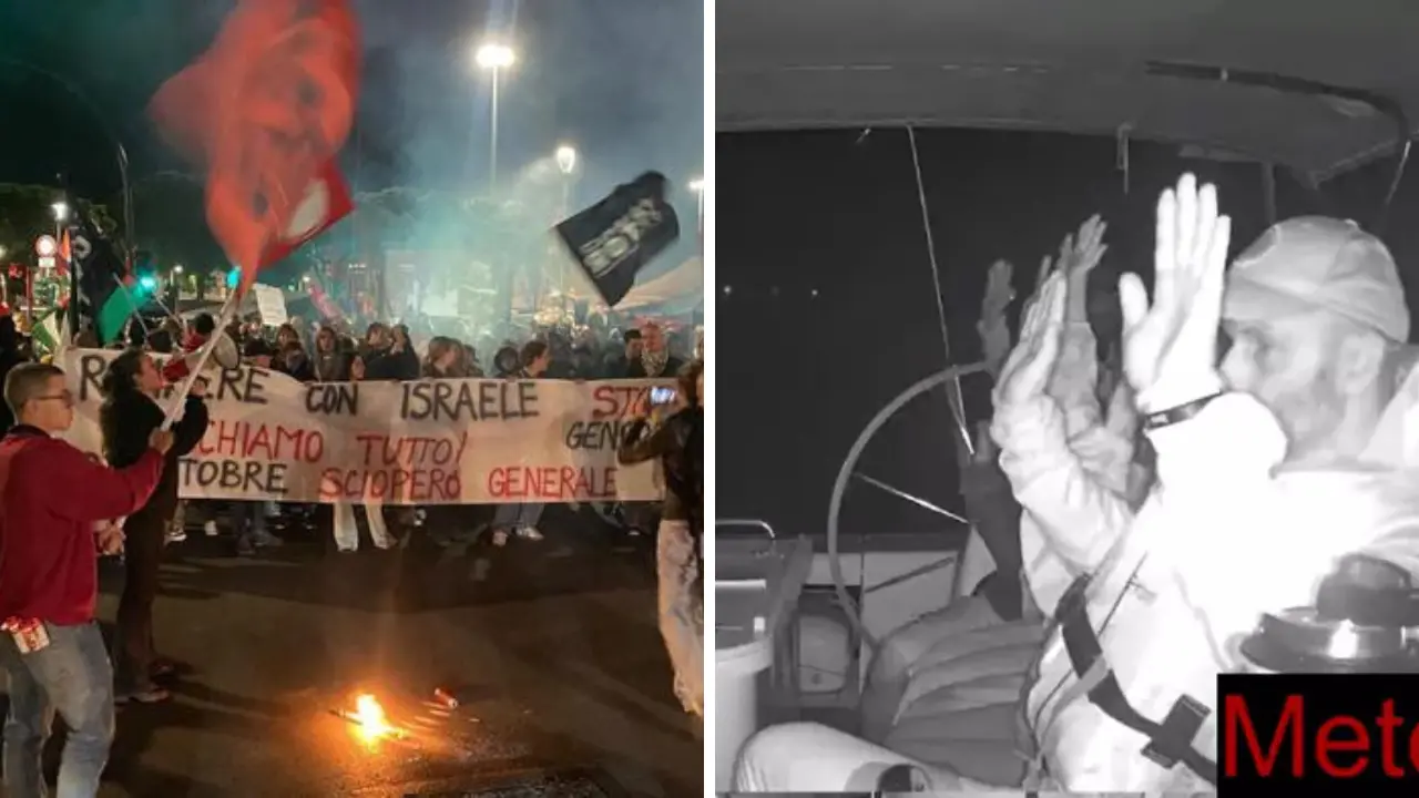 Flotilla, l’assalto in mare e le proteste in piazza: speronate le barche, idranti contro la Meteque e numeri di avvocati scritti sulle braccia